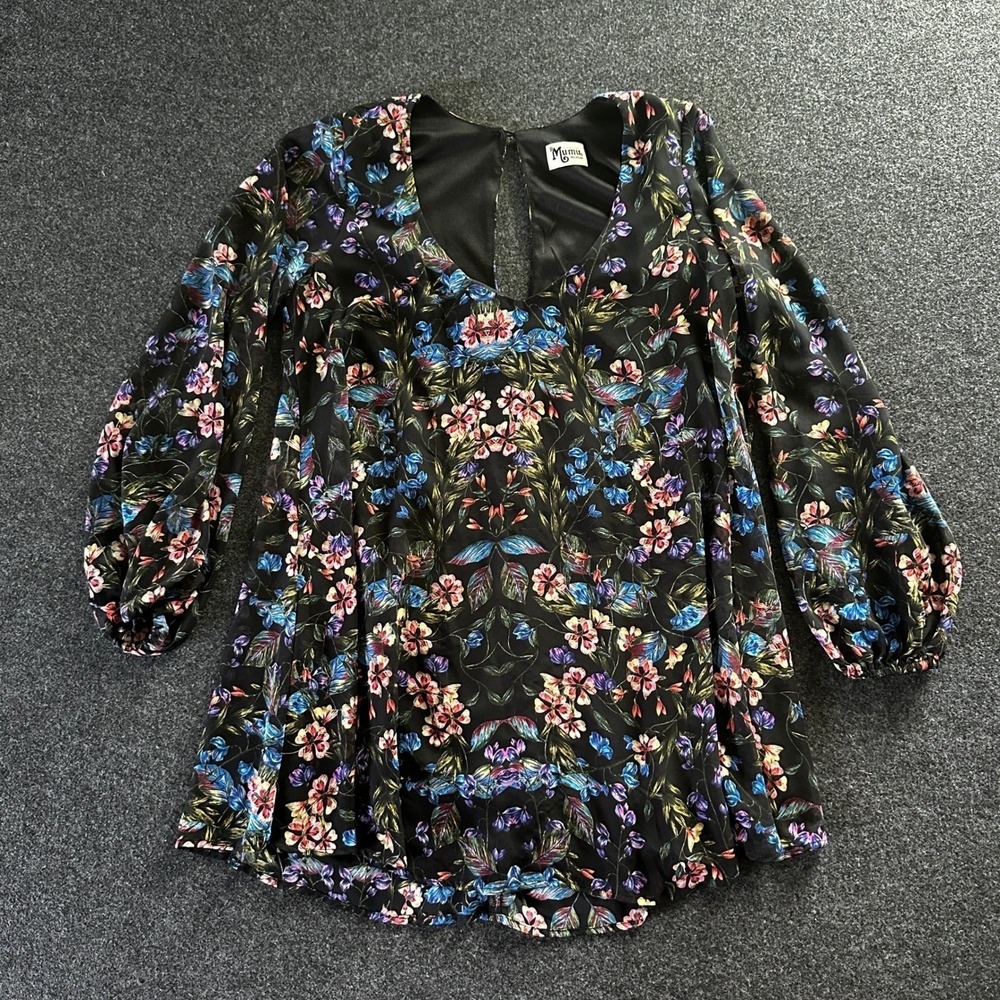 Show Me Your Mumu Floral Mini Dress Black Balloon Sleeve Keyhole Back Medium